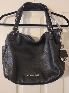 Michael Kors Black Pebbled Leather Shoulder Hobo with Chain Detail